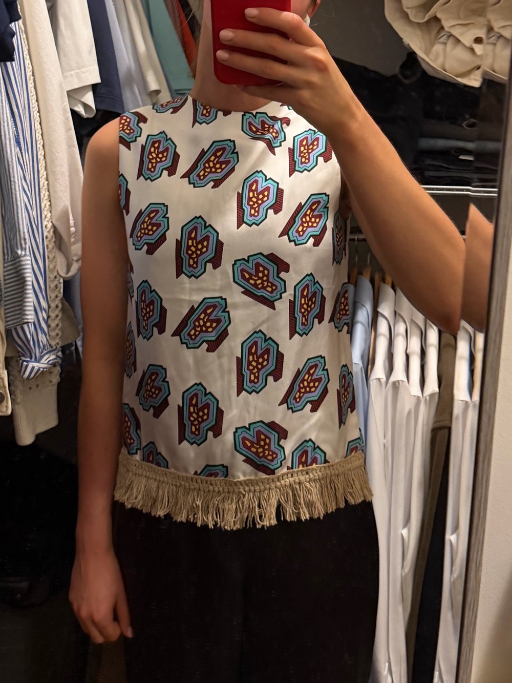 JW Anderson Sleeveless Fringe-Hem Printed Top in White and Teal